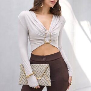 Coming Soon…Beige Slim Fit Sexy Crop Blouse With Plunging Neck